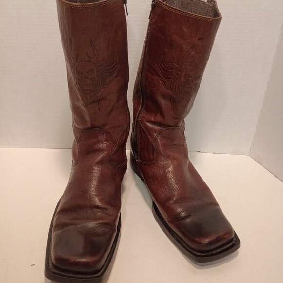 '80s ALDO Men's Sz 44EU/11US Brown Tall Boots Sq Toe Skull/Flames Embossed Zip - Picture 1 of 14